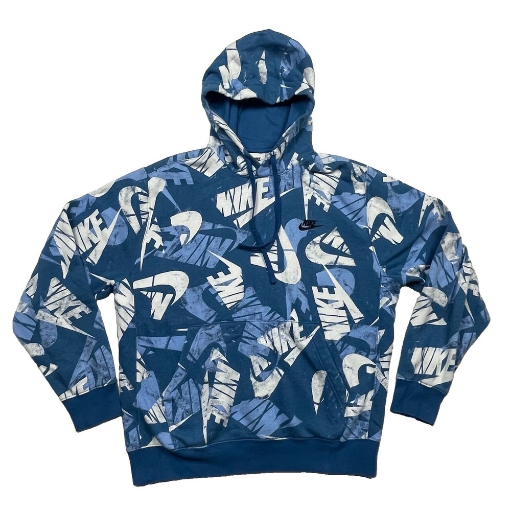 Nike Club Fleece Hoodie Mens M Pullover All Over Print Graphic AOP Futura Blue